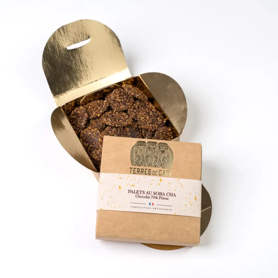 Cacao de spécialité | Boîte Palets de chocolat 70% AU SOBA CHA 100G | Vente en Ligne