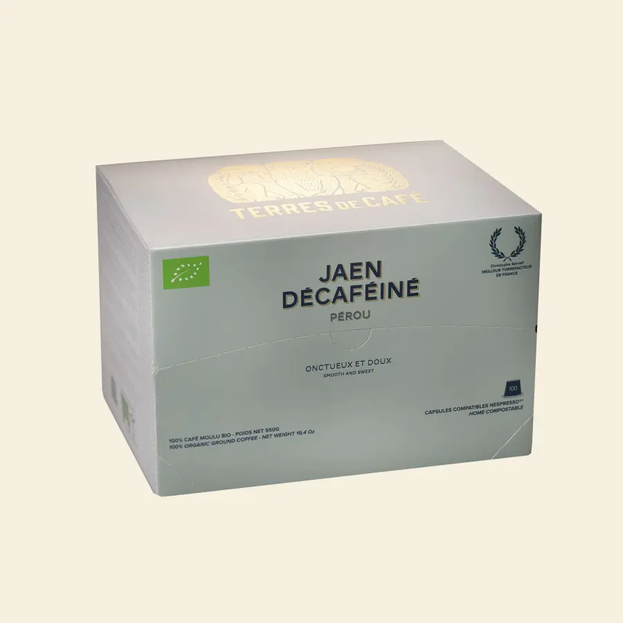 café de spécialité Terres de café - Capsules Home-Compostable Jaen décaféiné Bio x 100